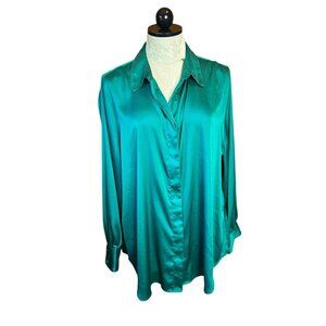 Chico's Women's Pleated Long Sleeve Blouse Button Down Bright Jade NWT Sz 3 (16)